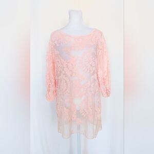Grace Elements 3/4 Length Sleeve Sheer Lace Floral Tunic Top Size Large